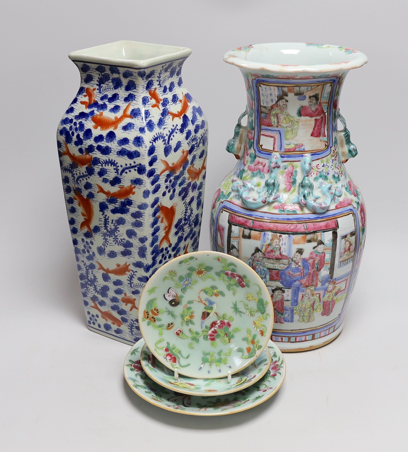 A 19th century Chinese famille rose vase, a squared Chinese vase and three celadon dishes, tallest 36cm